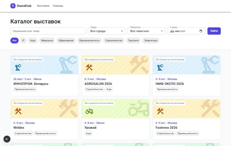 Каталог выставок с фильтрами